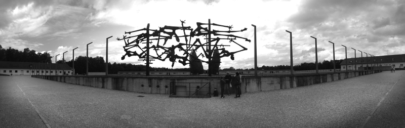 Memorial Sculpture at Dachau Concentration Camp, view of memorial from museum
